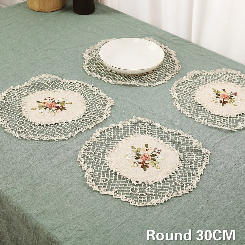 

Luxury Lace Cotton Crochet Dining Doily Linen Table Cloth Coaster Set Home Kitchen Food Insulation Pads Christmas Round Placemat