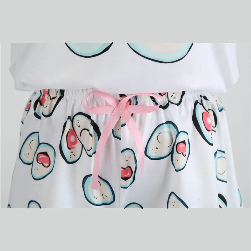 

2019 Pajamas For Women Round Neck Print Cartoon Top And Bow Front Shorts Pyjama Set Short Sleeve Casual Pijamas Verano Mujer