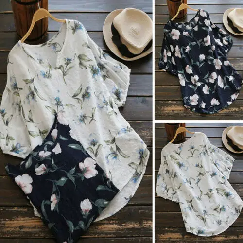 

Hirigin Women V-Neck Long Sleeve Flower Print Cotton Linen T Shirt Ladies Casual Loose Tops