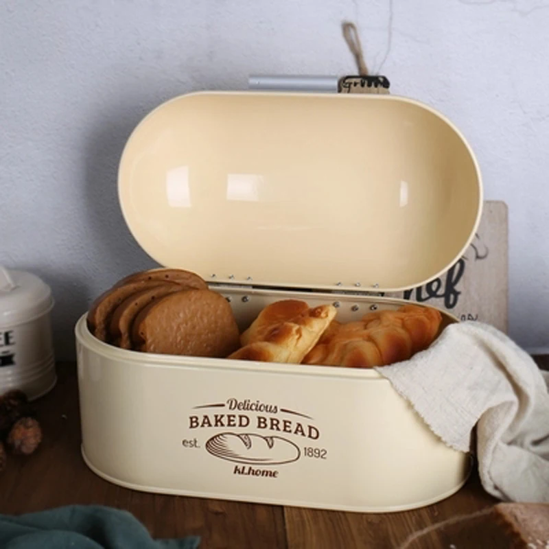 

American Style Household Hinged Lid Durage White Retro Kitchen Tin Bread Food Snacks Bread Bin Holder Container Storage Box