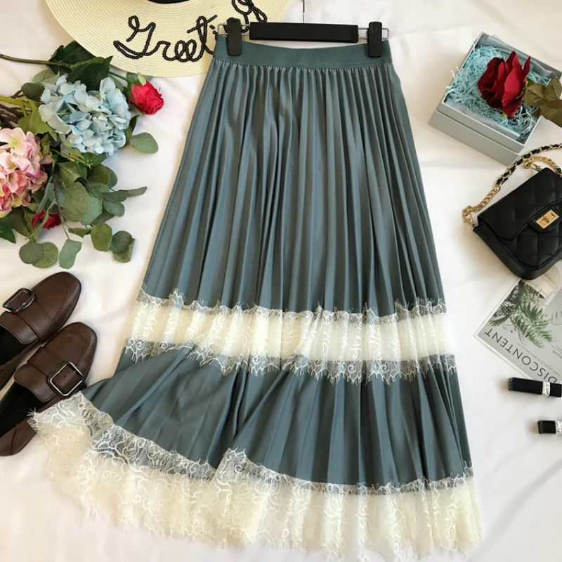 

2019 New Spring and Summer Screen Lace Stitching Pleated Skirt Mid-Calf Elegant Hollow Out Skirt Long Female