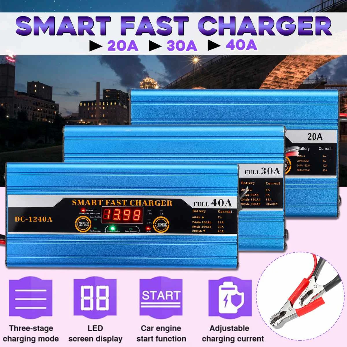 

20A/30A/40A Car Battery Lead-acid Smart Charger For Car Motorcycle LCD Display Protection Caravans Motor-homes Automatically