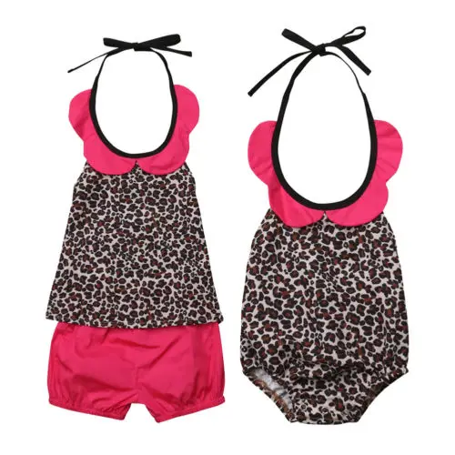 2019 Summer Kids Swimwear For Girls Big Or Little Sister Matching Leopard Print Kid Baby Girl Romper Pants Outfits Sets | Мать и ребенок