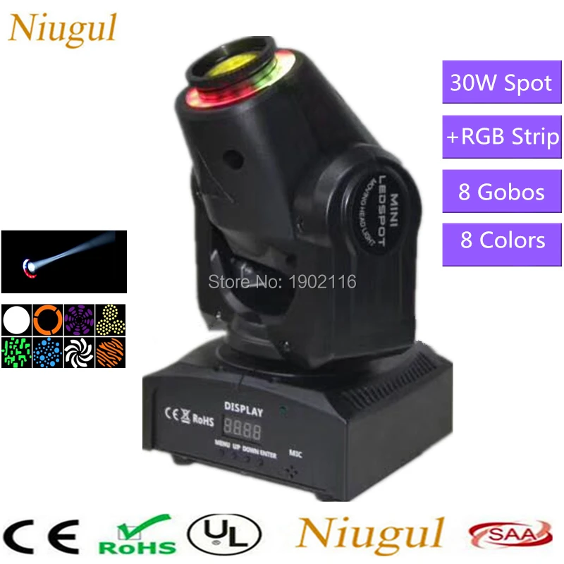 

30W Mini LED Moving Head Spot Light With RGB LED Strips DMX512 LED Gobo Stage Lighting Party Club Disco Lights Show Equipment