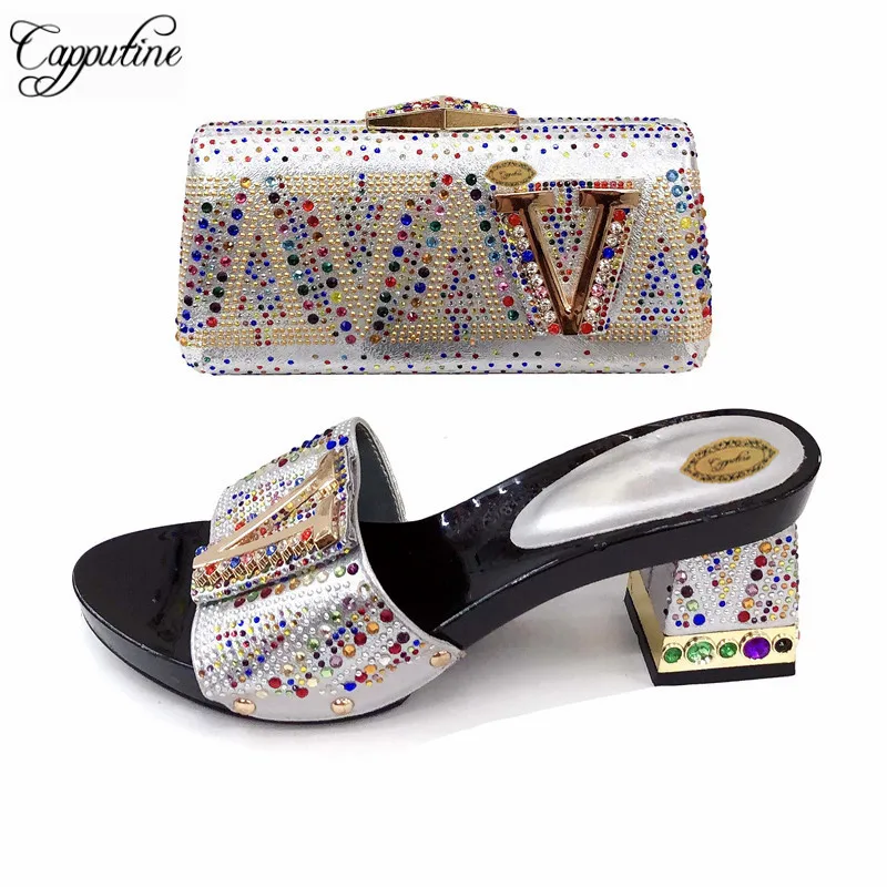 

Capputine New Arrival Fashion Silver Color Shoes And Bag Set For Wedding Summer Middles Heels Shoes And Bag Set Wholesale Price