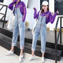 Autumn Women Denim Jumpsuit Casual Female Strap Pants Rompers Loose Hole Denim Overall Playsuit With Pocket Jeans