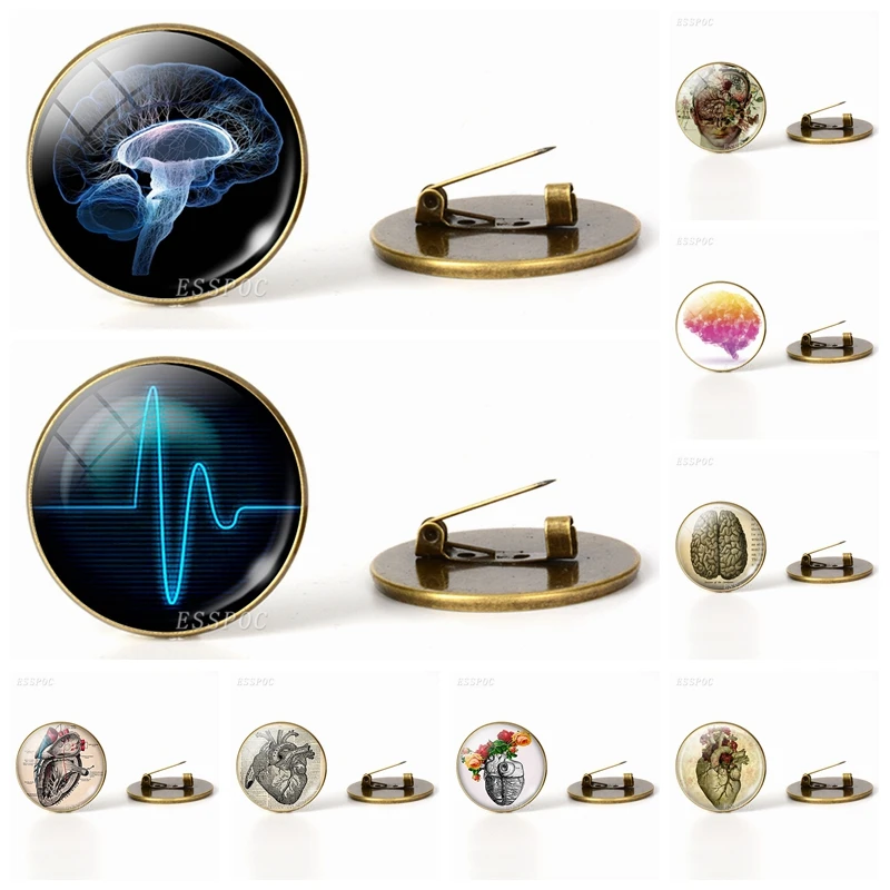 

Heartbeat Sign Brooches Glass Cabochon Dome Jewelry Anatomical Heart Bronze Brooch Pins Bag Women Men Doctors Halloween Gift