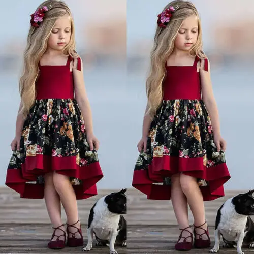 SUmmer Toddler Kids Baby Girls Strap Dress Party Princess Flowers Dress Red Set
