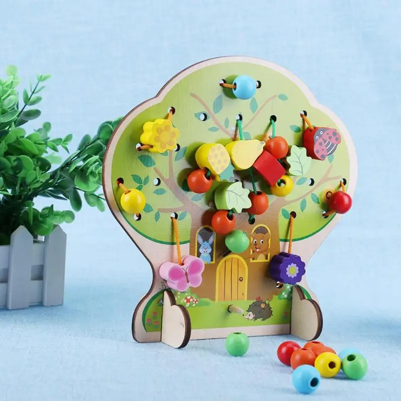 Online 3D DIY Spielzeug Holz String Perlen Früchte Baum Tiere Bunte Baby Kinder Früh Pädagogisches Spielzeug Geschenk Montessori Perlen Auffädeln Spiel