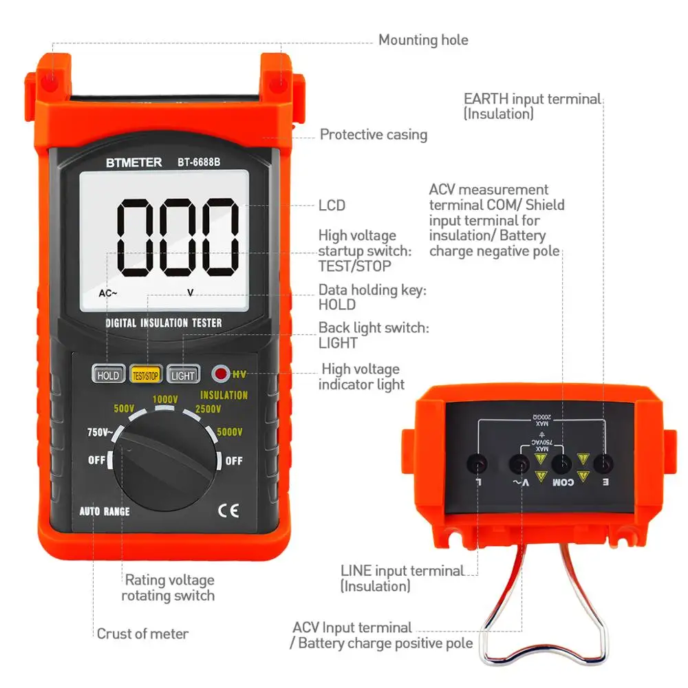 BTMETER BT-6688B цифровой тестер сопротивления изоляции er, тестовое напряжение 5000 в, сопротивление 200 ГОМС, Высоковольтная индикация