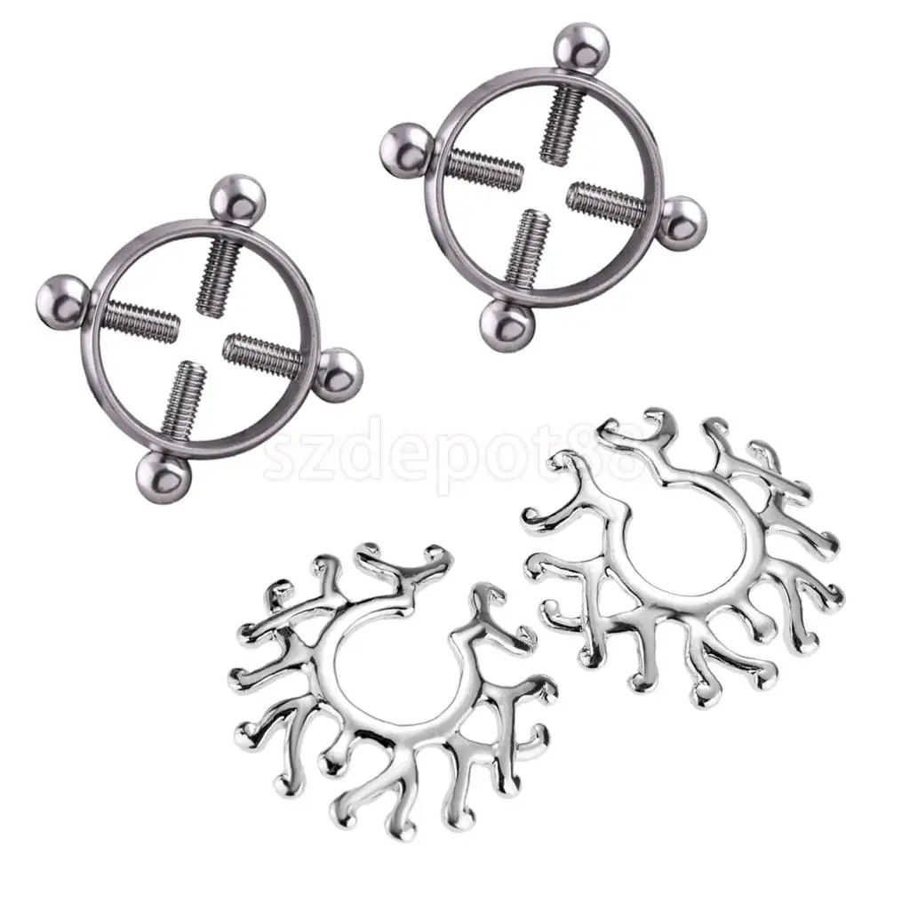 

2 Pairs Flower Screw On Fake Nipplering Non-piercing Stainless Steel Adjustable Mamilo Ring Shield Body Jewelry