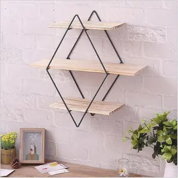 

1 pc Storage Rack Wooden Wrought Iron Hanging Rhomboid Wall-mounted Shelf Organizer for Bedroom Living Room Office
