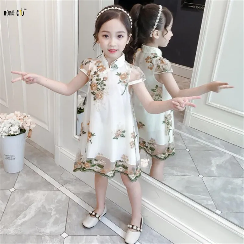 Платье Чонсам в китайском стиле летняя одежда для девочек платья принцессы с цветочным рисунком Детские платья 4, 5, 6, 7, 8, 9, 10, 11, 12 лет