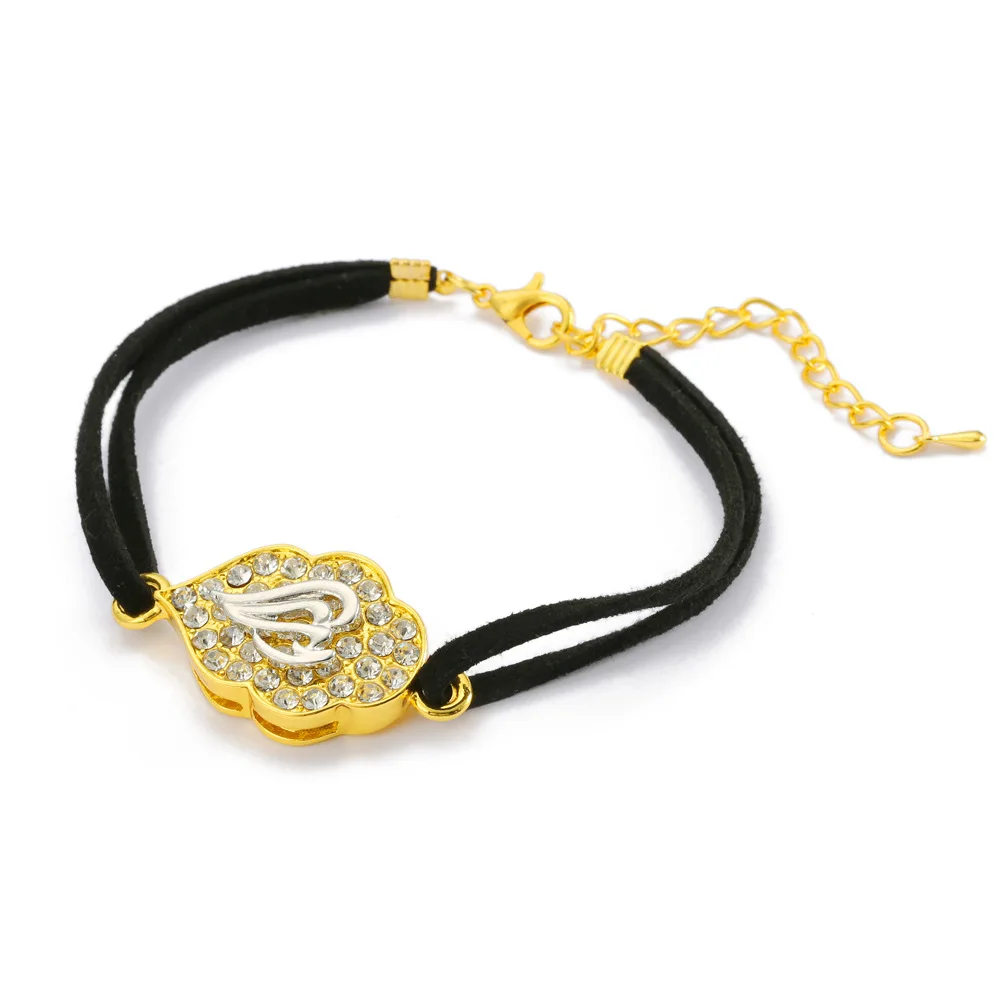 

Muslim Islam Middle East Allah Czech drill inlaid Black Rope Bracelet Women's Gold Bracelet Charm Snap Jewelry Bohemian leather