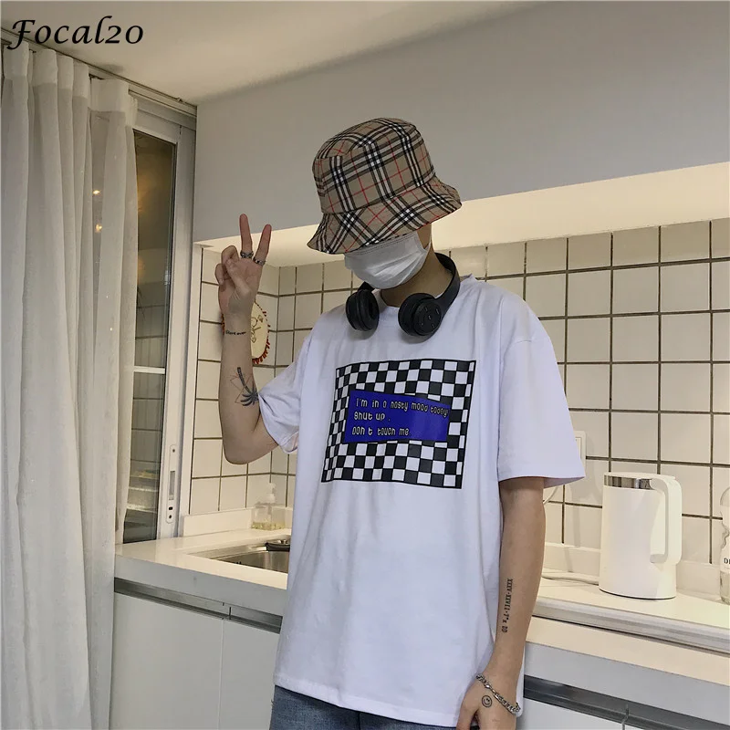 

Focal20 Streetwear Plaid Letter Print Women T-shirt Causal Loose Short Sleeve T Shirts Spring Summer Oversize Female Tee Top