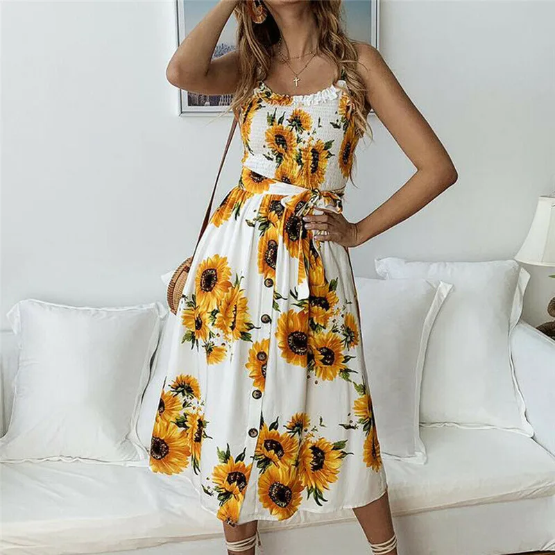 

Summer Dress New Summer Women Holiday Floral Fashion Sexy Casual Beach Party Sleeveless Dress Women Sleeveless O-neck New