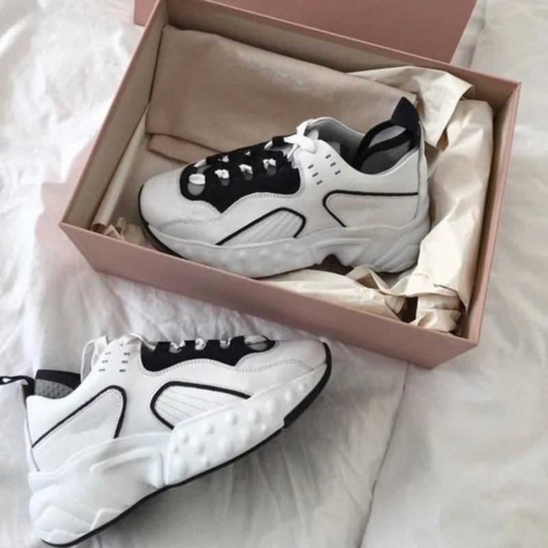 

Chunky Platform Multi White High Fashion Sneakers Genuine Leather Lace Up Trainers Women Breathable Casual For Woman Size 40