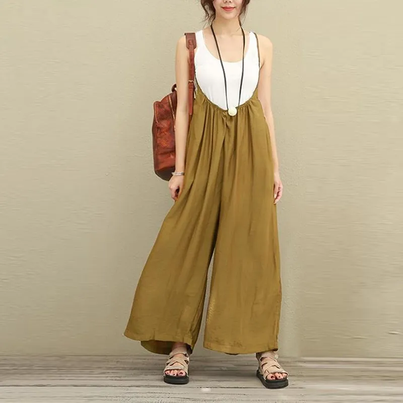 

2019 Women Overalls Casual Cotton Linen Plus Size S-5XL Dungarees Wide Leg Pants Rompers Strap Long Trousers