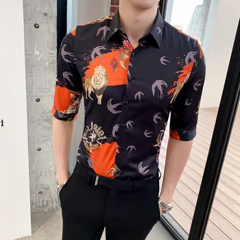 

Tiger Print Shirts Men Dress Casual Slim Fit Camisa Masculina Seven Part Sleeve Shirt Streetwear clothing men Camisas Feminina