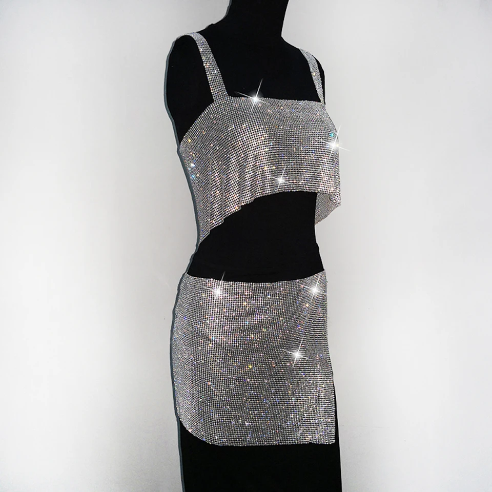 Karlofea, сексуальный раздельный Женский комплект из двух предметов, блестящие стразы для дня рождения, клубный металлический костюм с кристаллами