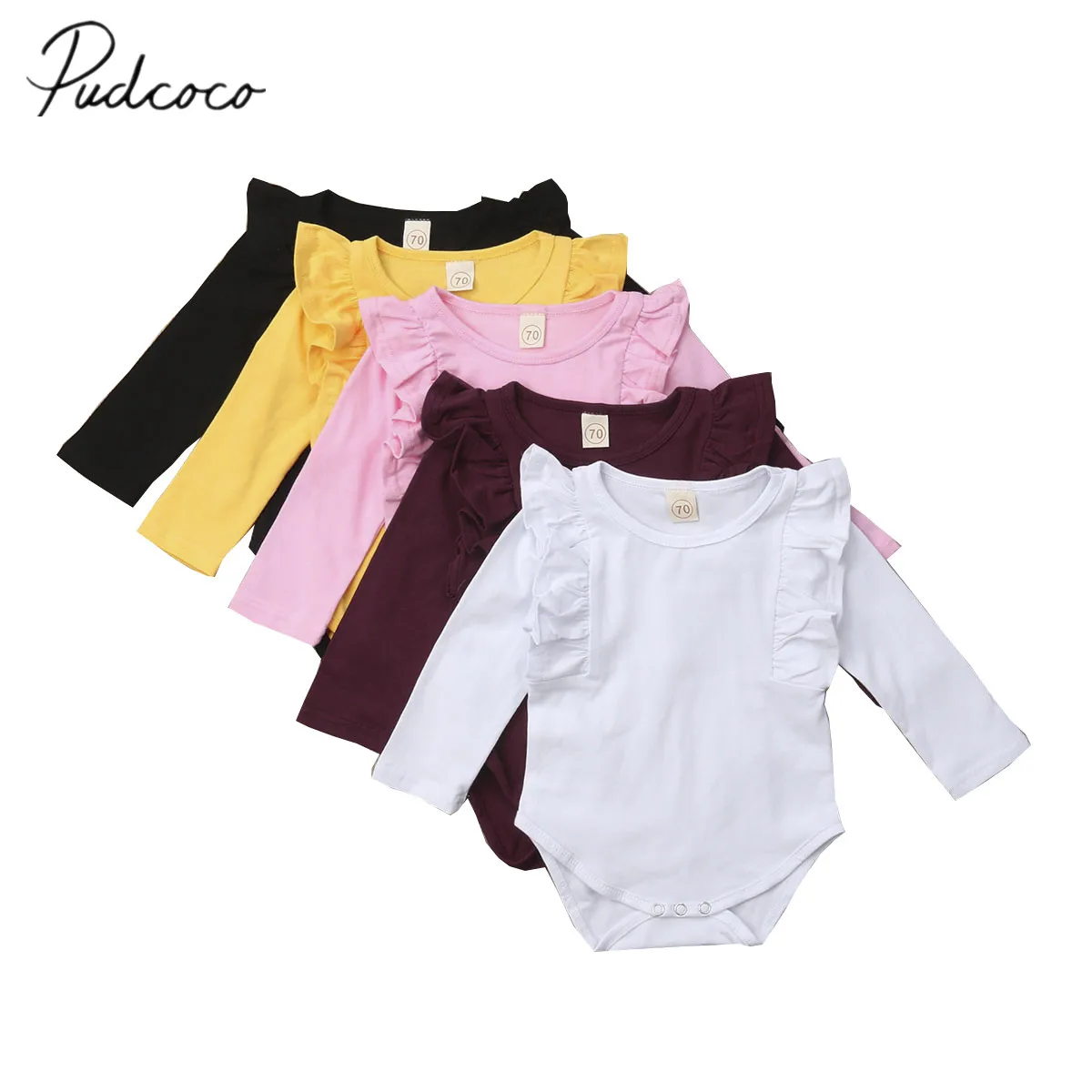 

2018 Brand New Toddler Baby Girls Boys Causal Warm Autumn Bodysuits 5 Colors Long Ruffles Sleeve Solid Cotton Jumpsuits Playsuit