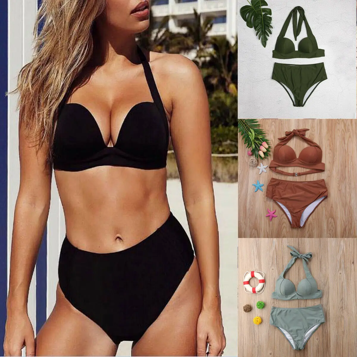 

US 2019 Sexy Women's Bikini Sets Push-up Padded Bra Solid High Waist Swimsuit Swimwear Beachwear