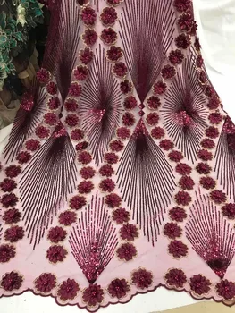 

African 3d lace fabric with sequins pearls 2019 high quality latest Nigerian beaded tulle french 3d flowers lace for wedding