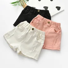 Осенние черные и белые детские эластичные ковбойские шорты из чистого хлопка с дырками для девочек, Новинка лета