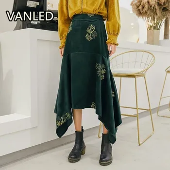 

High Waist Women Embroidery Velvet Skirt 2019 New Spring Irregular Mid-calf A-line Female Party Skirts