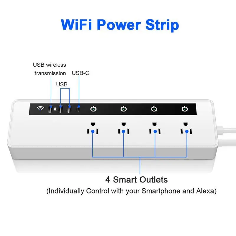 

Wifi Smart Power Strip with 4 Outlets 3 USB Charging Ports 1 Type C Port Function of Storage Share Voice Control via Alexa Remot
