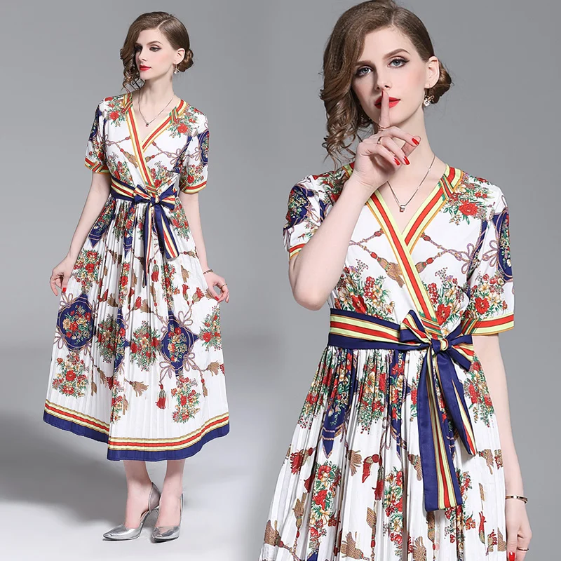 

Runway Designers Women ladies Dress V neck bow tie up Waisted Fashion Casual Printed Vintage Dresses Vestidos robes v neck