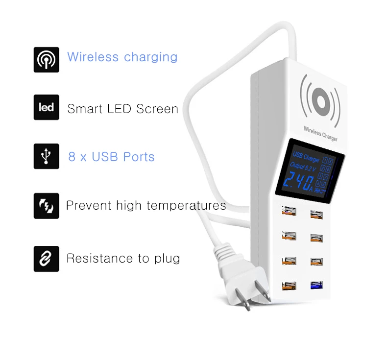 40W 8 USB Ports EU Q C 3.0 Smart Wireless Fast Charger LED Display Power Adapte Charging Station for Phone Tablet
