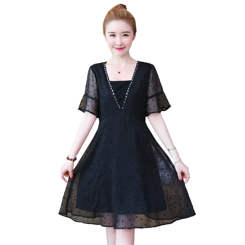 

2019 Women Summer Mesh Dress V-neck Short Sleeve Dress Casual A-Line Knee-Length Vintage Party Dresses Vestidos Plus Size 5XL