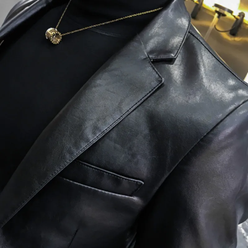 New Mens Leather Single button Formal Dress Suits Fashion Man Blazers Black Solid Motorcycle Coat Suede Jacket Male A236130