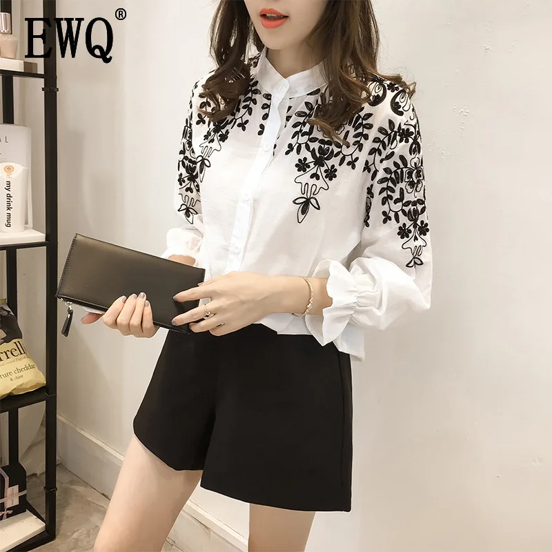 

[EWQ] 2019 spring single-breasted collar embroidery lantern sleeves loose fashion trend all-matc women summer shirt tops QF7180