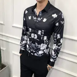 Мужская рубашка в Корейском стиле Slim Fit fashion 2018 с принтом розы повседневная мужская рубашка с длинным рукавом Ночная Клубная вечерние