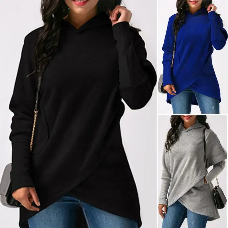 

2019 New Fashion Autumn Women Hoodies Casual Asymmetrical Long Sleeve Pullover with Pocket Loose Hooded Tops Sweatshirt #1022