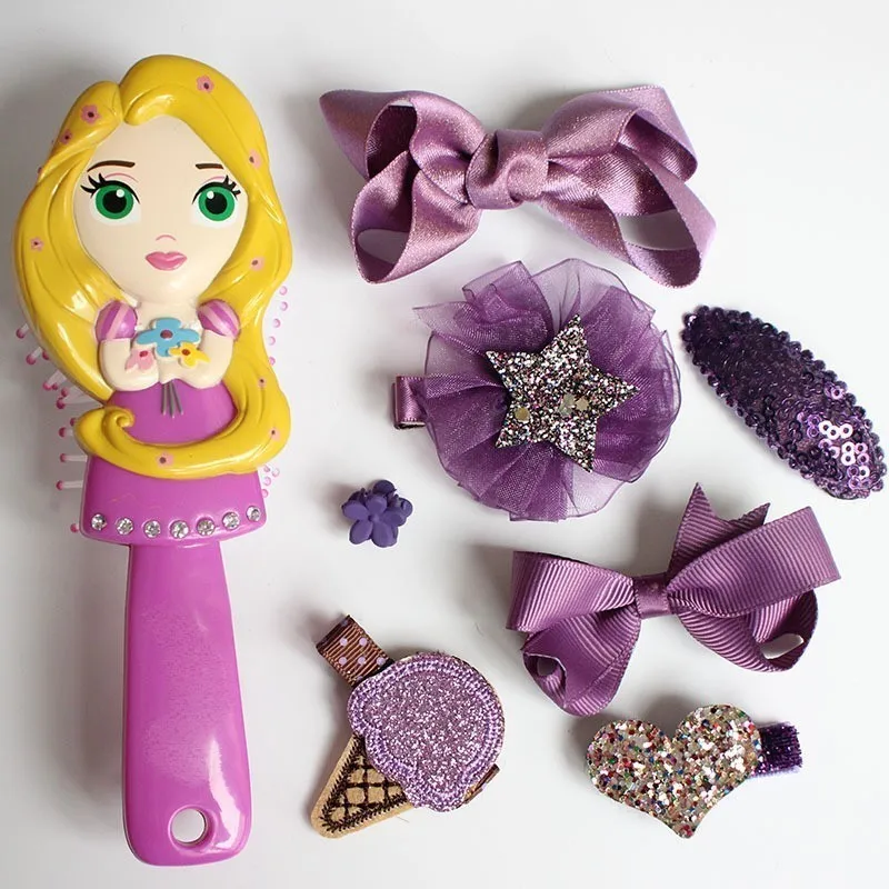 Disney Comb Headwear Set Princess Snow White Frozen Elsa Aurora Ariel Rapunzel Cartoon 3D Air Cushion Comb Head Rope Hair Set