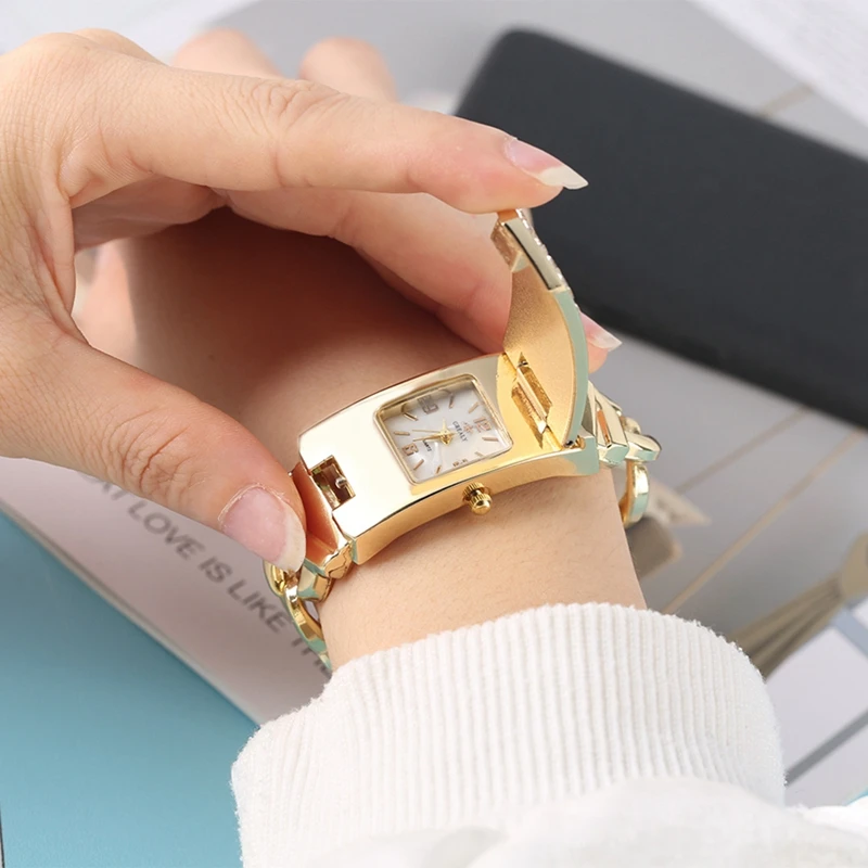 Роскошные часы с кристаллами и бриллиантами, модные серебристые золотые квадратные женские часы-браслет с откидной крышкой, золотые женские часы