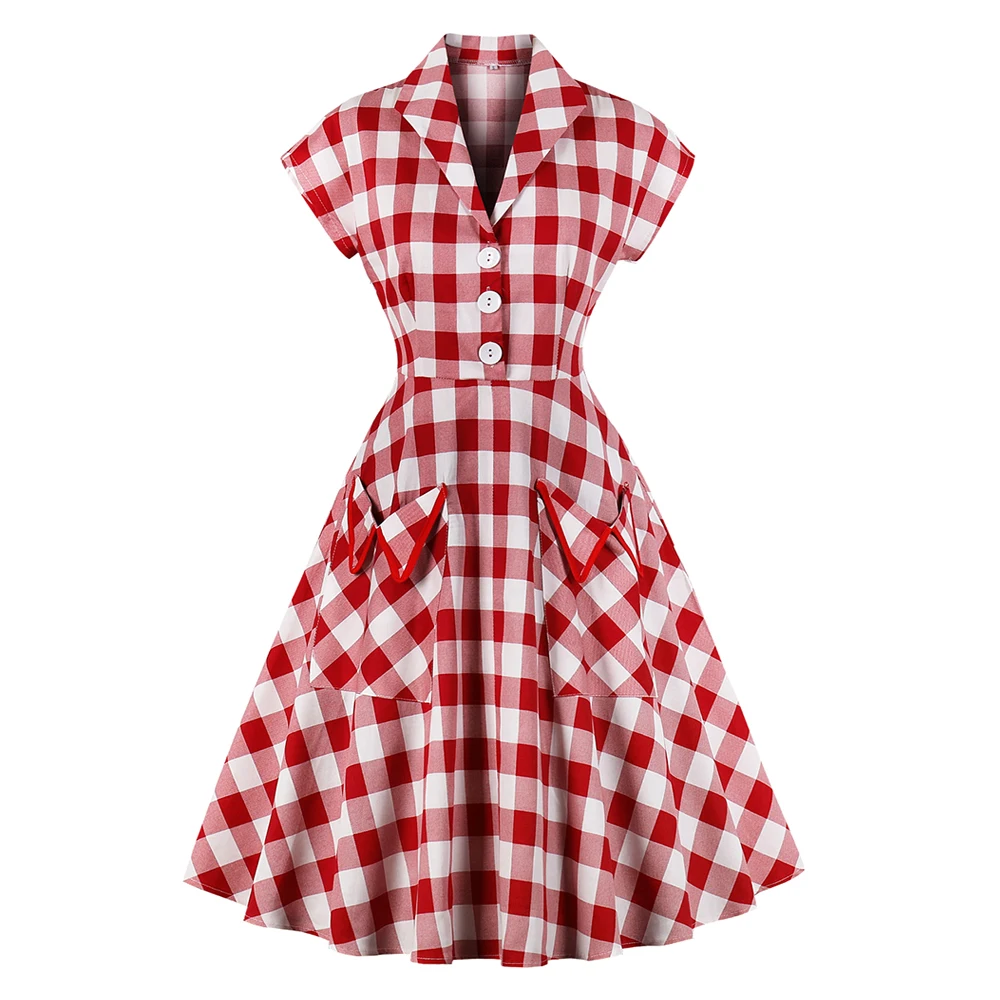 

Joineles 60s Audrey Hepburn Vintage Women Dress Elegant Check Print Button Two Pocket Retro Dress Summer Party Vestidos De Festa