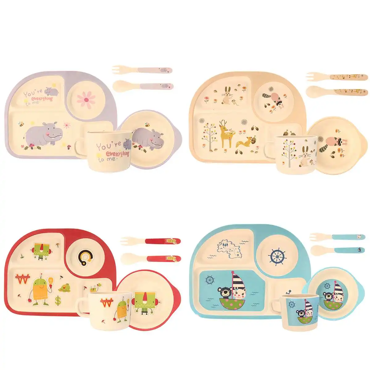 

5Pcs/Set Baby Feeding Bowl Plate Dishes Fork Spoon Cup Children Tableware Bamboo Fiber MF Cartoon Separation Feeding Plate