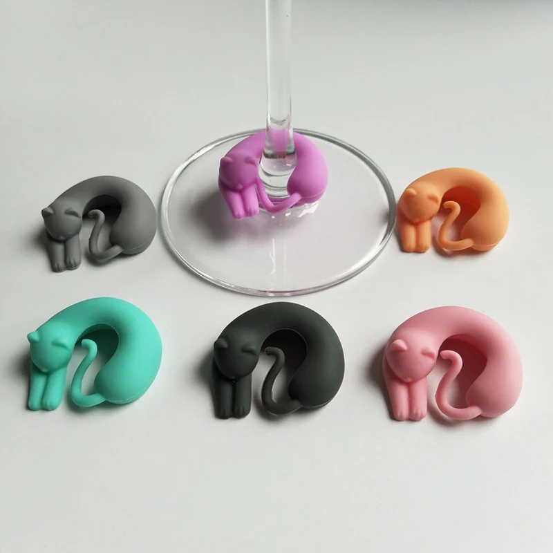 6 Pcs Charms Gifts Cat Wine Glass Animal Shape Label Marker Sticker Party Silicone Cup Party Holiday DIY Decoration