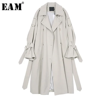 

[EAM] 2020 New Spring Autumn Lapel Long Sleeve Gray Waist Bandage Big Size Long Windbreaker Women Trench Fashion Tide JR677