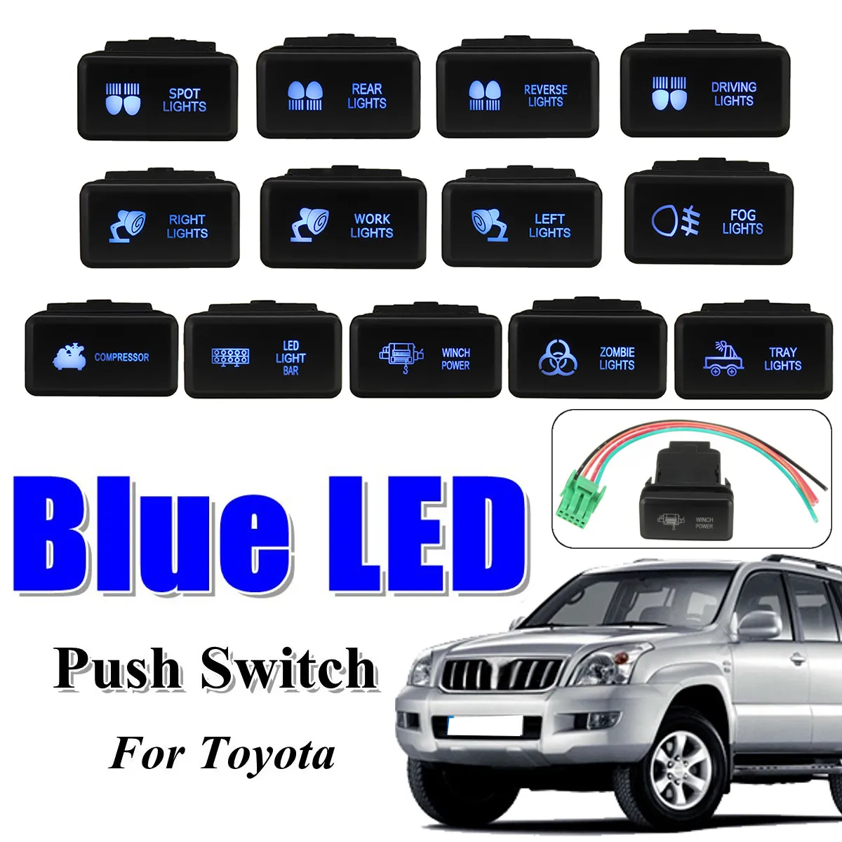 

12V Blue LED Push Switch 5 Pin On Off Button Laser w/Connector Wire For Toyota Prado HiAce Hilux Landcruiser 1998-2015