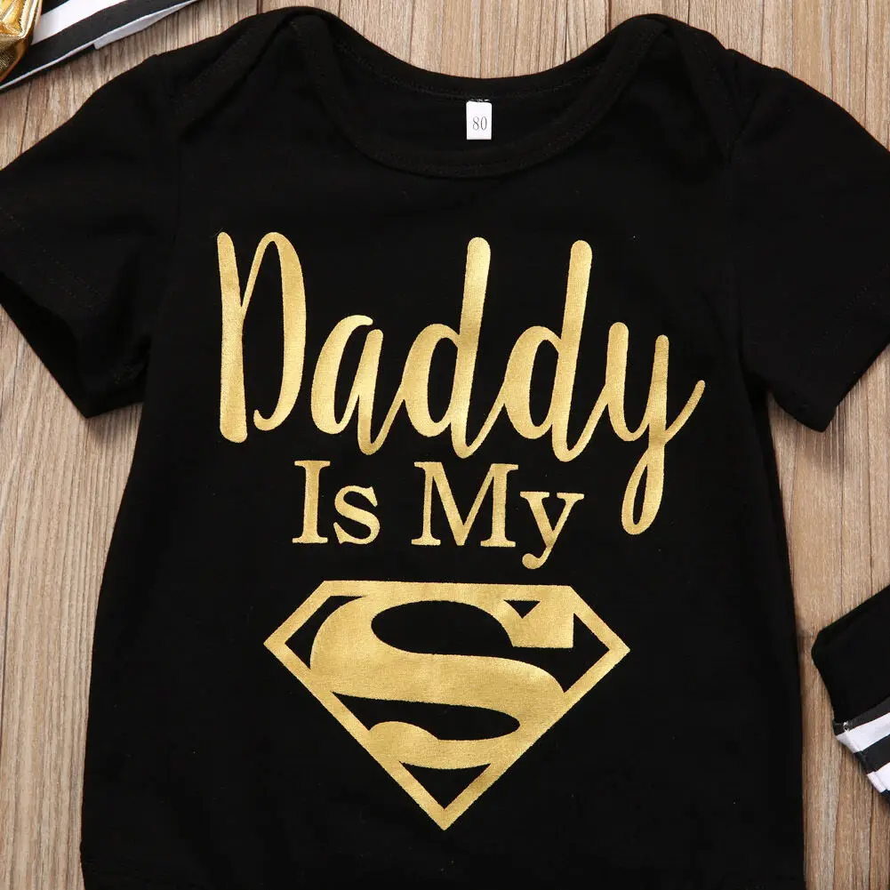 Топ с надписью «Daddy Is My Superman» для маленьких мальчиков и девочек, комбинезон+ гетры в полоску+ повязка на голову, комплект одежды из 3 предметов