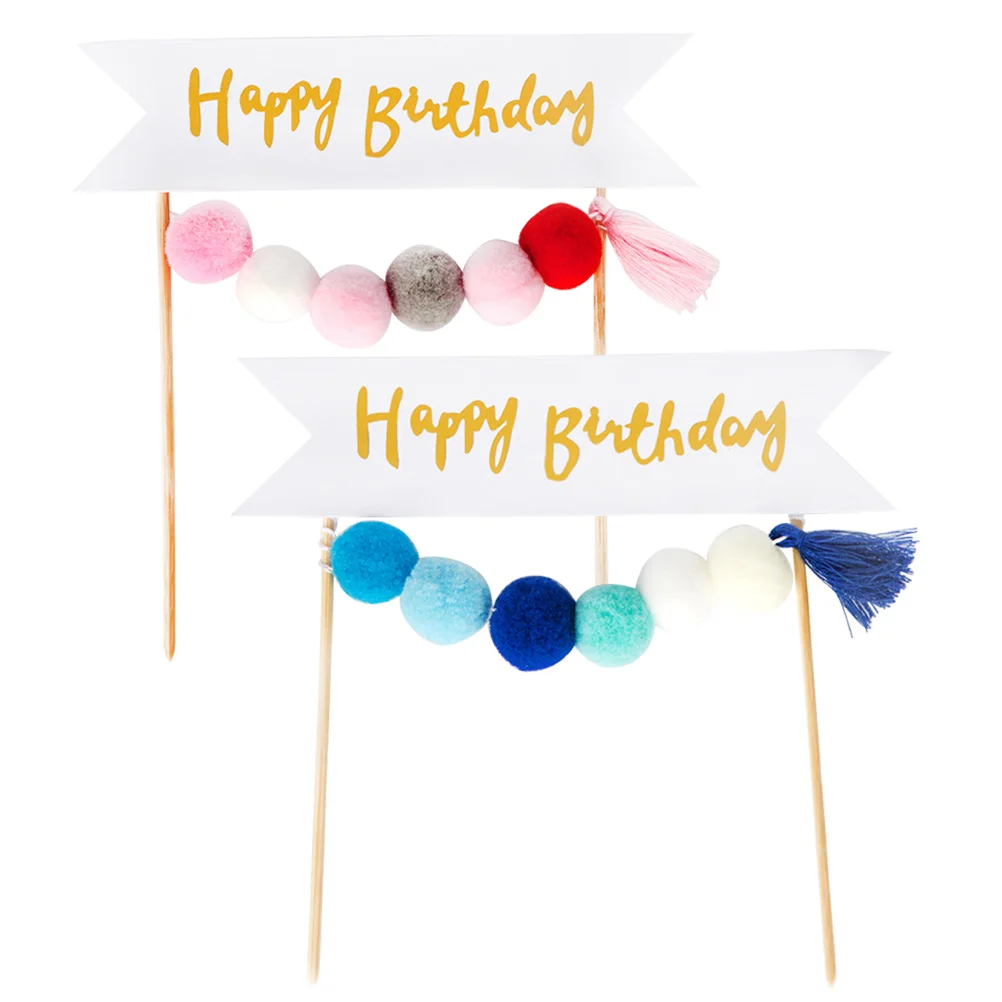 

1pc Cake Toppers Happy Birthday Pompons Paper Cupcake Decor Party Supplies for Birthday Baby Shower Random