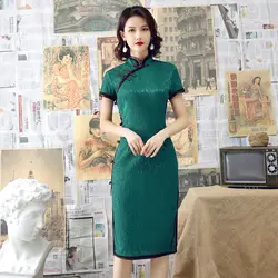 Шэн Коко для женщин кружево платья для вечерние летние Короткие Китайский Qipao 2019 Cheongsam современная одежда Зеленый Vestido Oriental стиль