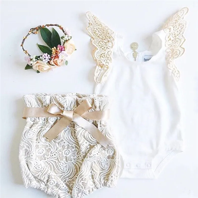 Mignon nouveau-né bébé filles mouche manches blanc body hauts dentelle fleur Shorts 2 pièces tenues princesse filles été vacances vêtements