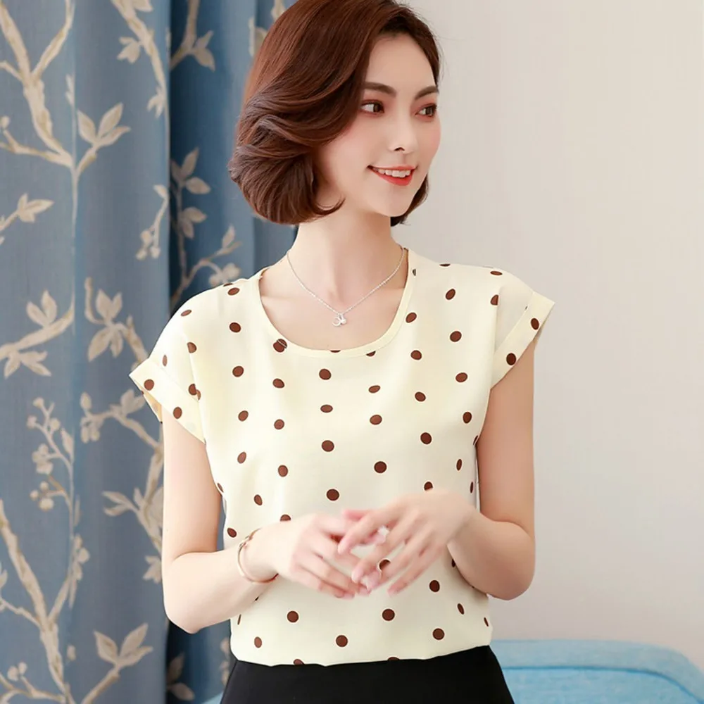 Gentillove 2019 Summer Dot Floral Print Chiffon Blouse Shirt Women Short Sleeve O-Neck Boho Tops Casual Female Plus Size Blusas
