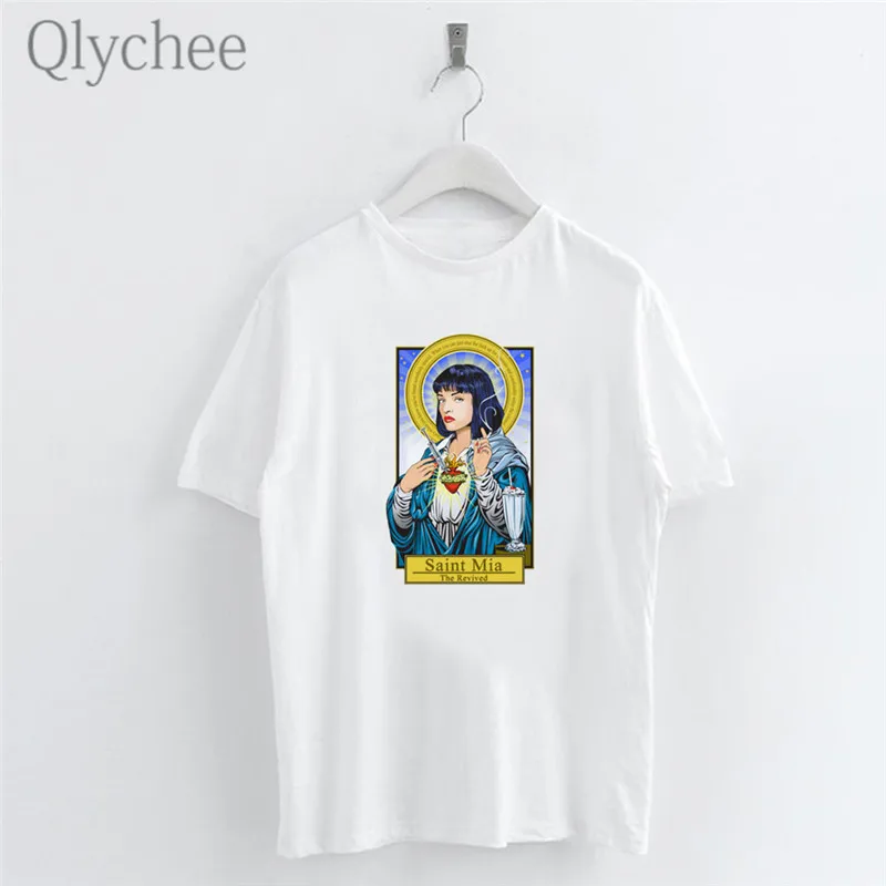 Qlychee Harajuku Character Saint Mia Female White T-shirt O-Neck Short Sleeve T-Shirts Women Simple Funny Casual Top Tee | Женская
